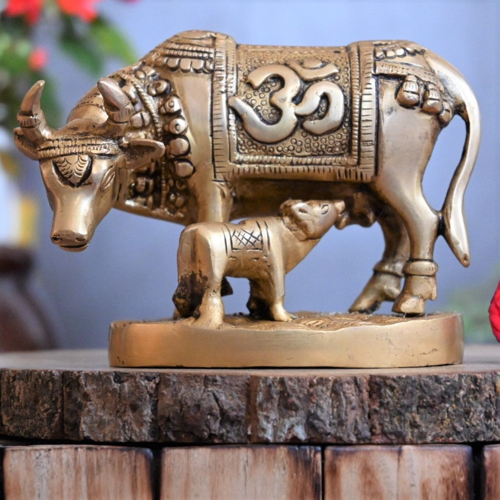 Cow and calf statue brass kamadhenu cow with calf idol small size stat –  Antiq Decor