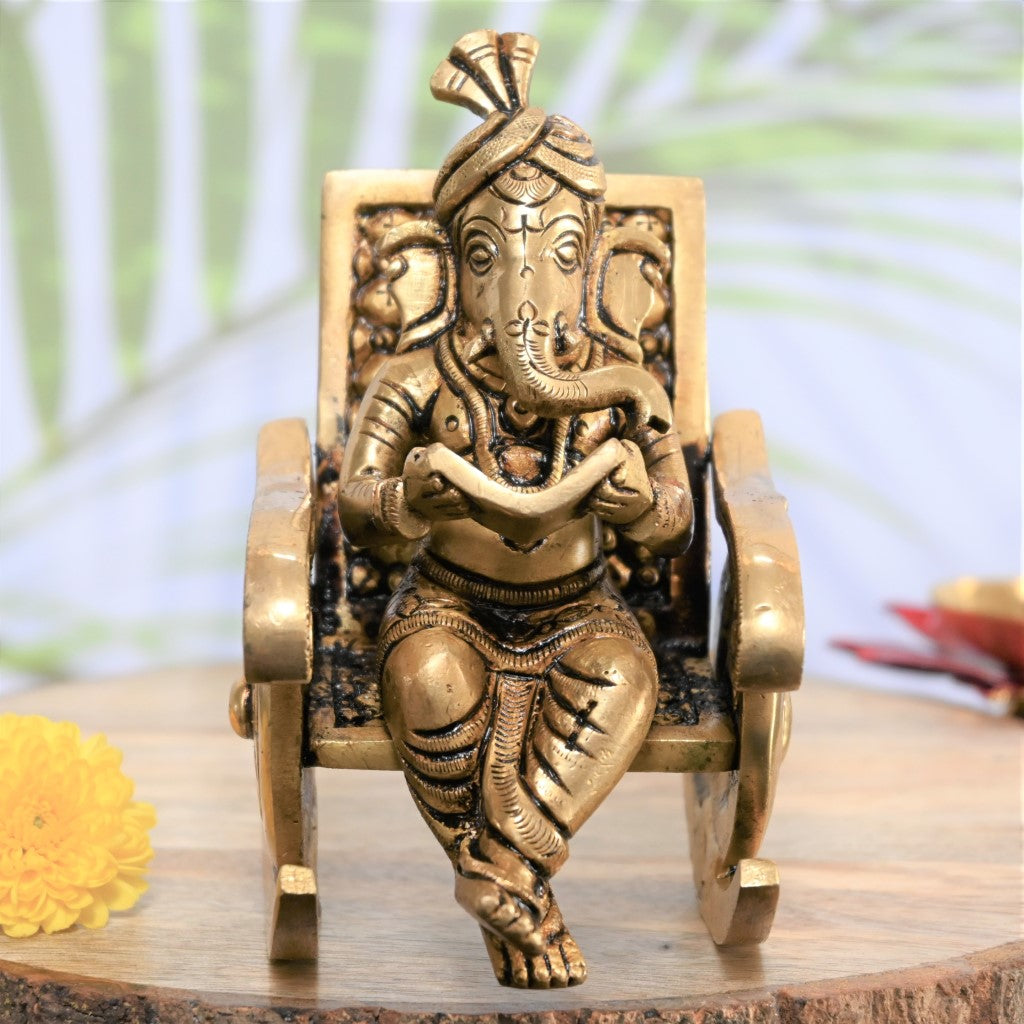 Lord ganesha rocking chair brass chair ganesha idol ganesh statue reading  book study table small