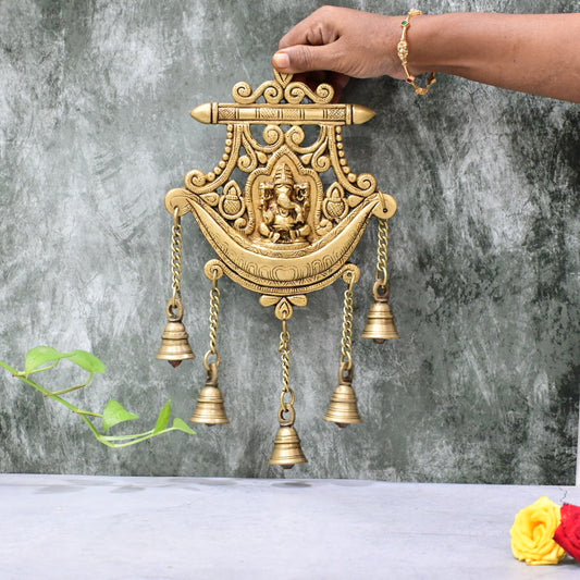 Brass Elephant Face Wall hanging with Bell Big Size (13 Inch) Lord Ganesh Home Pooja Mandir Decoration