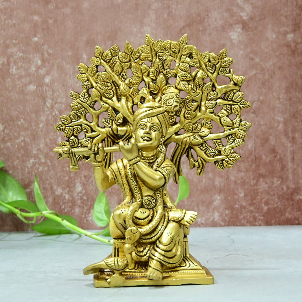 Brass Krishna Idol Murti Big size (8Inch, 2.1Kg) Lord Krishnan Statue with Flute Sitting Tree for Home Decor Living room Hall Gifting