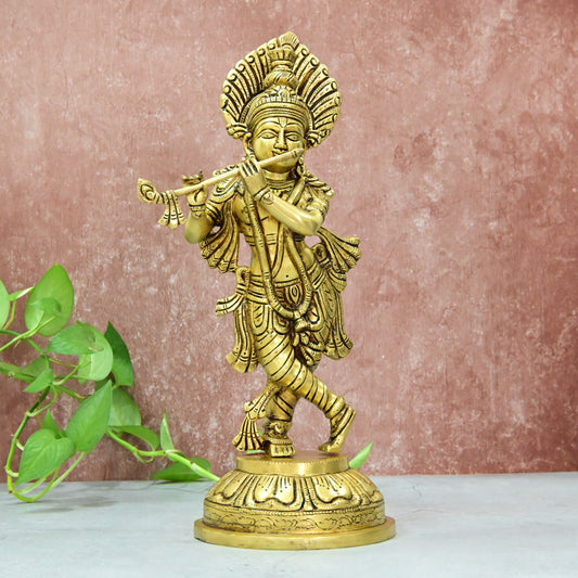 Brass Krishna Murti Big size Idol (14 Inch) Lord Shree Krishnan Statue with Flute standing for Home Decor House warming Gift Show piece