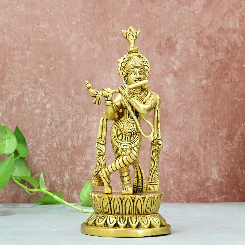 Brass Krishna Idol Murti Big size (11 Inch) Lord Shri Krishnan Statue with Flute standing for Home Decor Showpiece Hall Gifting