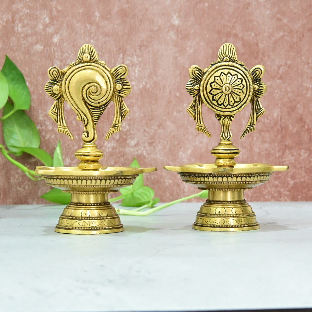 Brass Shankh Chakra Nama Diya Big size (1.5 Kg) Shanku Chakra Namam Deepam for Puja Pooja room Home House Deepalu