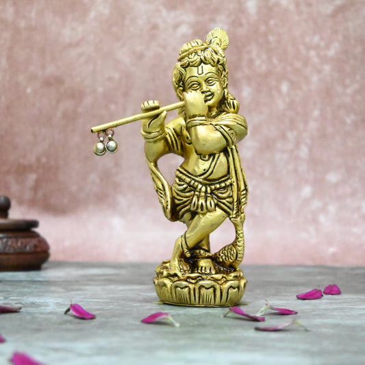 Bal krishna idol small size (5 Inch) Brass Balkrishna statue with flute (Baby Krishna) for pooja room home decor gift