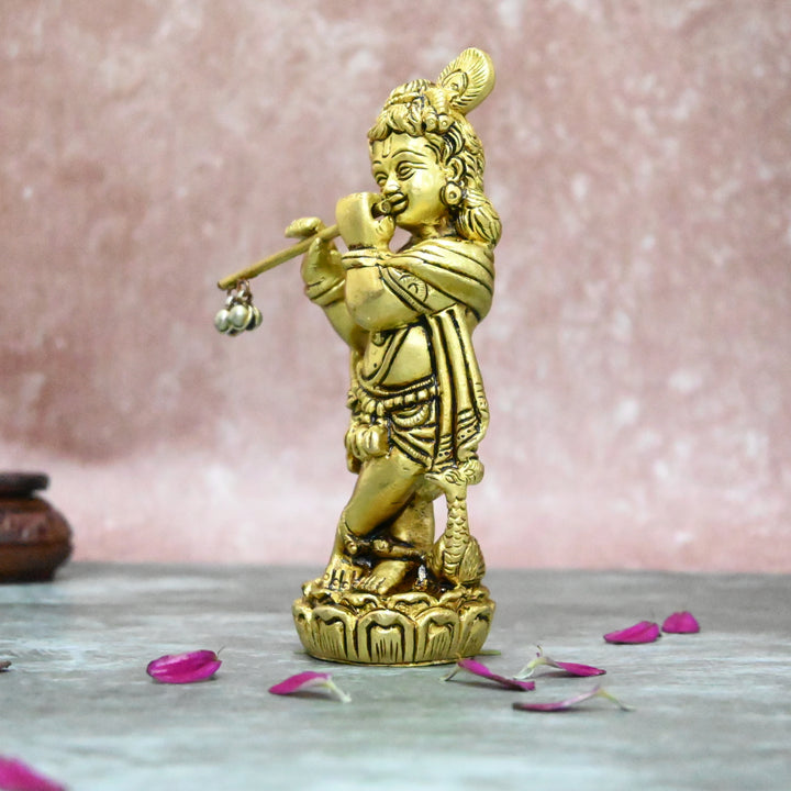 Bal krishna idol small size (5 Inch) Brass Balkrishna statue with flute (Baby Krishna) for pooja room home decor gift