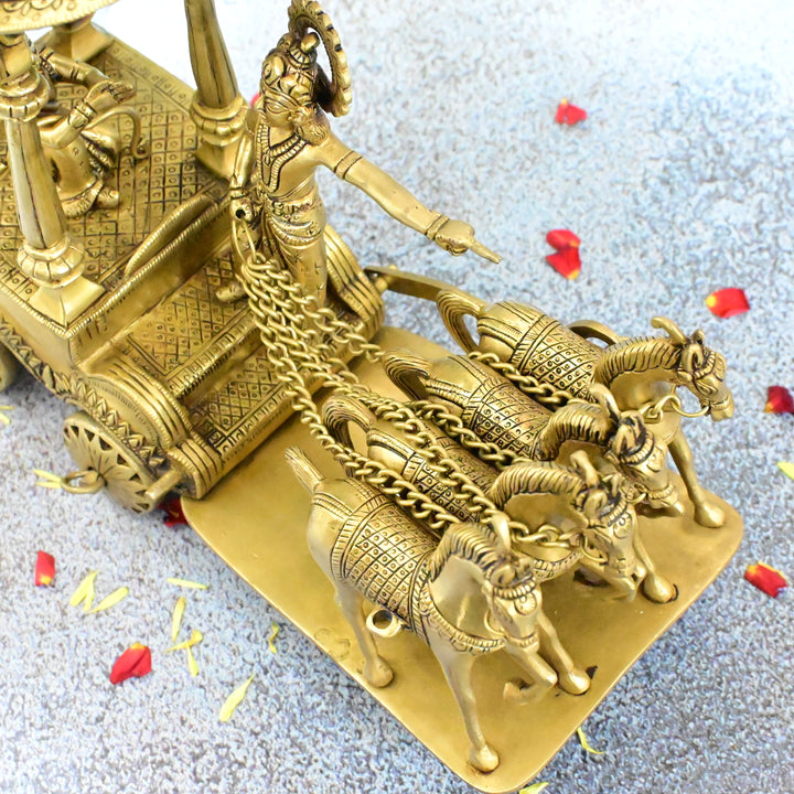 Brass Krishna arjun rath idol big size (16 Inch, 9.2 Kg) Brass Krishna arjuna rath statue chariot horses showpiece home decor