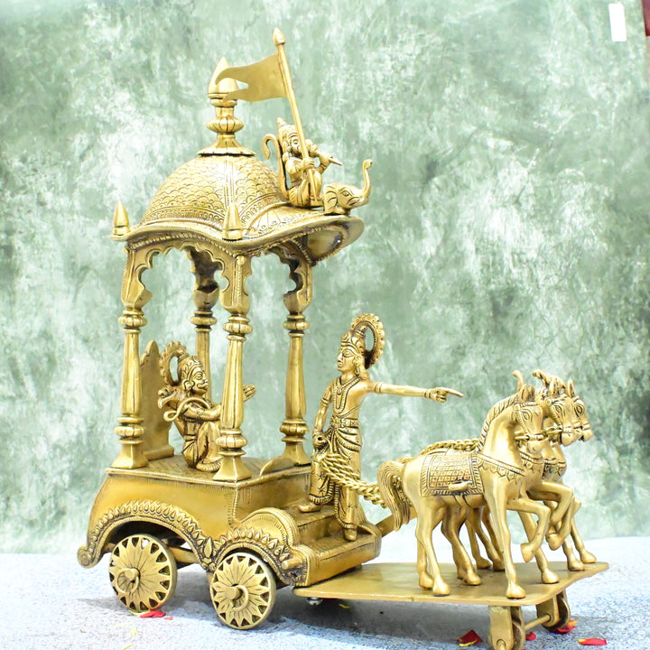 Brass Krishna arjun rath idol big size (16 Inch, 9.2 Kg) Brass Krishna arjuna rath statue chariot horses showpiece home decor