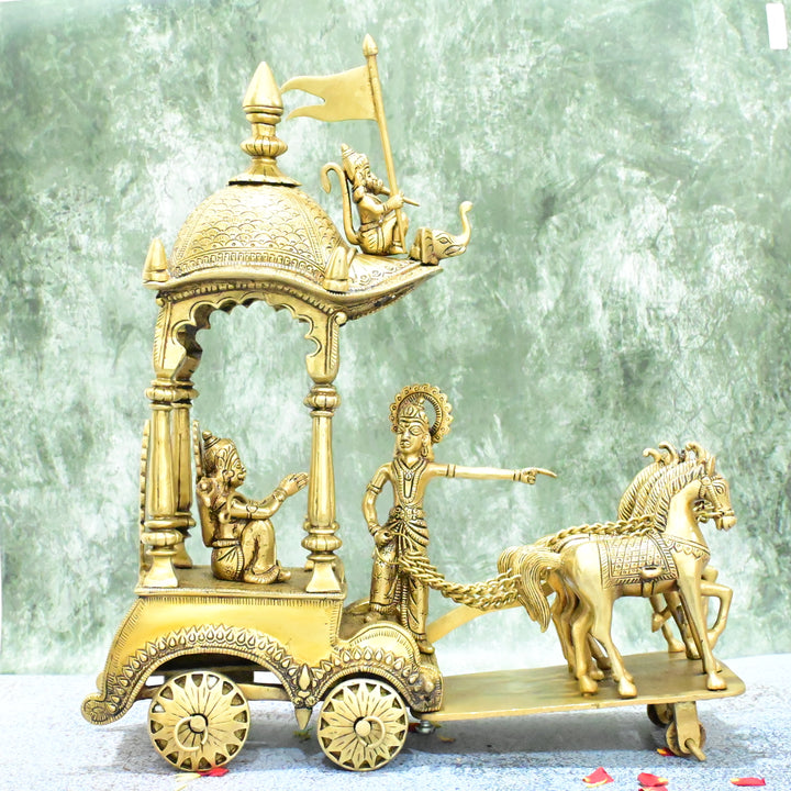 Brass Krishna arjun rath idol big size (16 Inch, 9.2 Kg) Brass Krishna arjuna rath statue chariot horses showpiece home decor