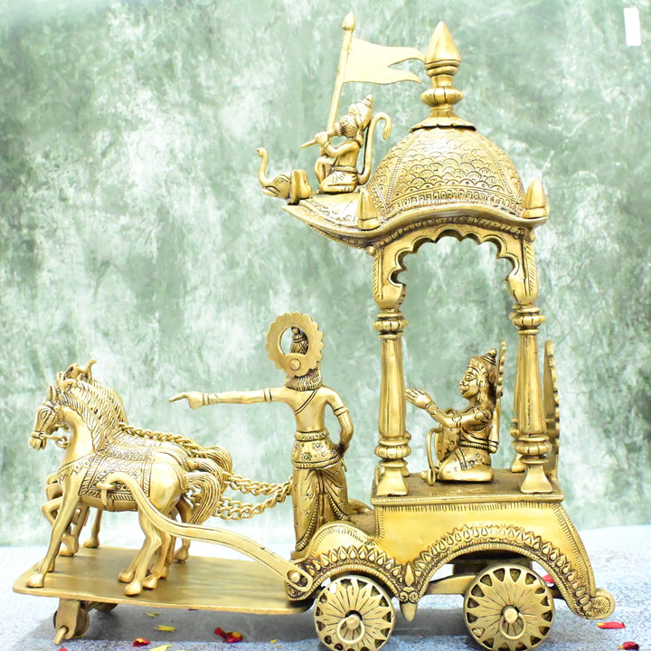 Brass Krishna arjun rath idol big size (16 Inch, 9.2 Kg) Brass Krishna arjuna rath statue chariot horses showpiece home decor