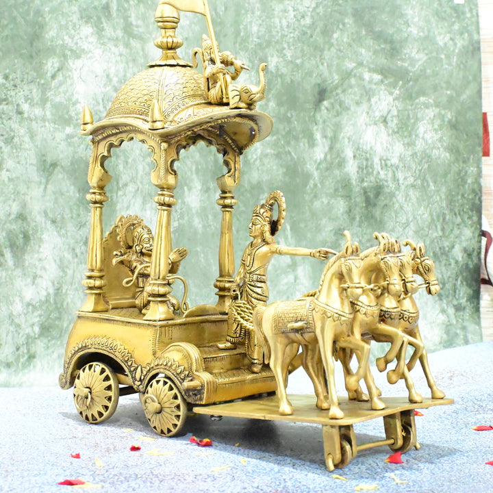 Brass Krishna arjun rath idol big size (16 Inch, 9.2 Kg) Brass Krishna arjuna rath statue chariot horses showpiece home decor