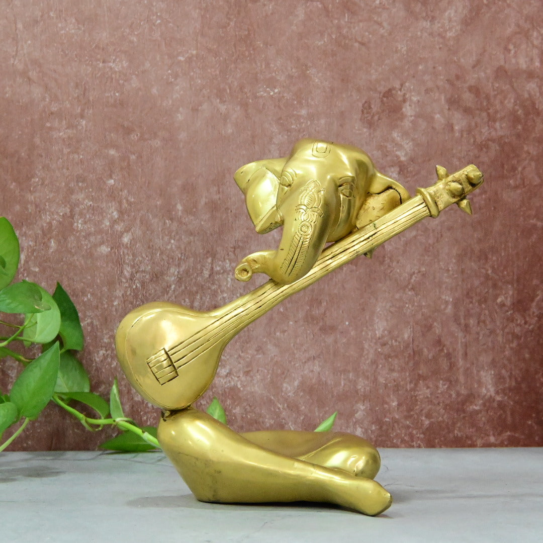 Brass Modern Ganesha Idol for Home Decor Big Size (11 Inch, 4 Kg) Lord Ganesh Statue Murti Veena Showpiece Office Table Gift TV unit