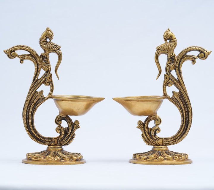 Brass Peacock diya stand set of 2 (7.5 Inch) Oil lamp Diya for Puja Showpiece Home decoration