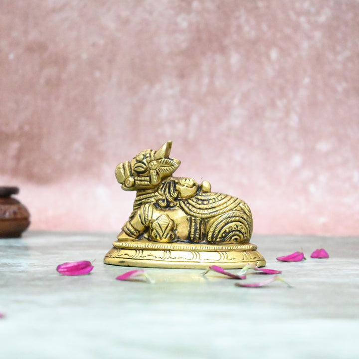 Brass Nandi Statue Small for Home Decor Vastu (2.5 Inch) Lord Shiva Vehicle Shiv Ji Big Bull Vahan Idol for Pooja Showpiece House Decoration Office Table Living Room TV Unit