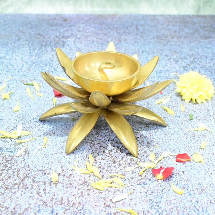 Brass Kamal Stand Diya for Home Temple Decoration Puja Room Big Size Solid Heavy (1100 Grams) Lotus Vilakku Pooja Mandir Items Articles Diwali Decorative Oil Lamp Lights Deepam Vilaku Gift