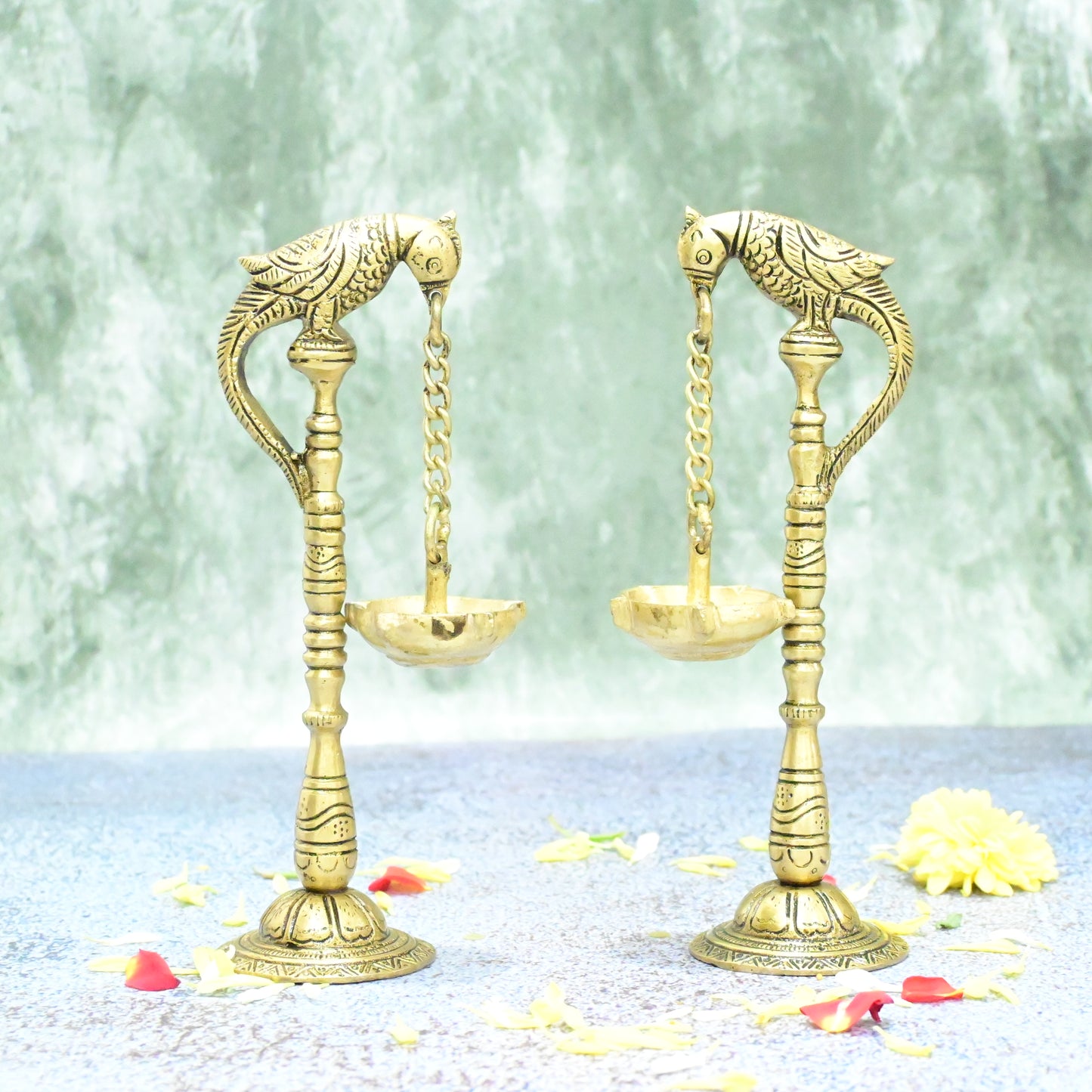 Parrot Diyas in Brass (7.5 Inch, 820 Grams) Hanging Diya Pair set for Home decor puja