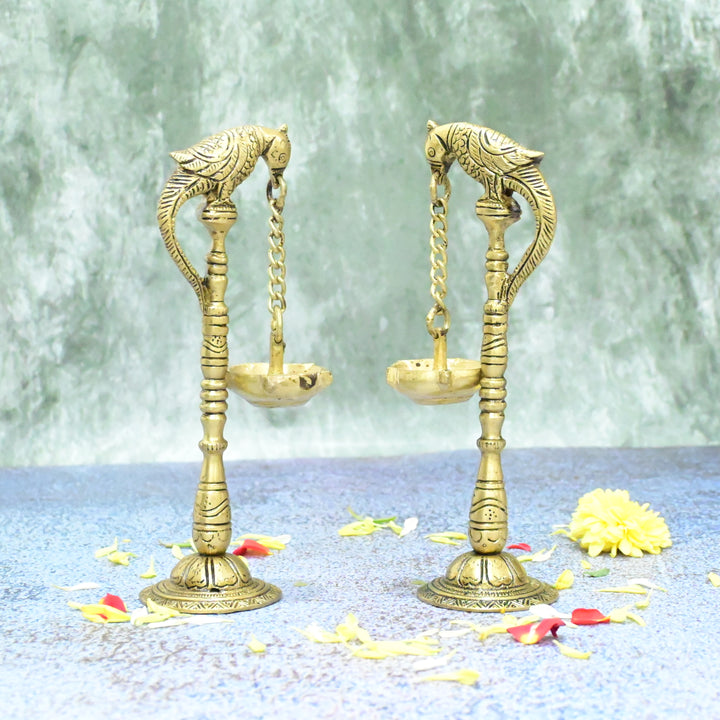 Parrot Diyas in Brass (7.5 Inch, 820 Grams) Hanging Diya Pair set for Home decor puja