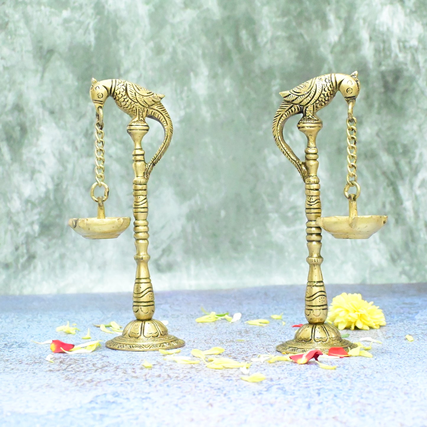 Parrot Diyas in Brass (7.5 Inch, 820 Grams) Hanging Diya Pair set for Home decor puja