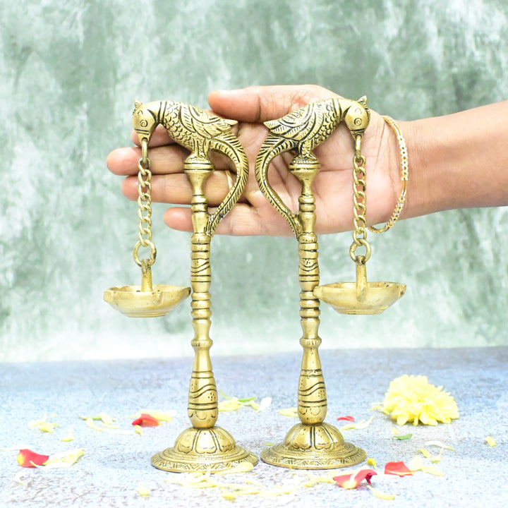 Parrot Diyas in Brass (7.5 Inch, 820 Grams) Hanging Diya Pair set for Home decor puja