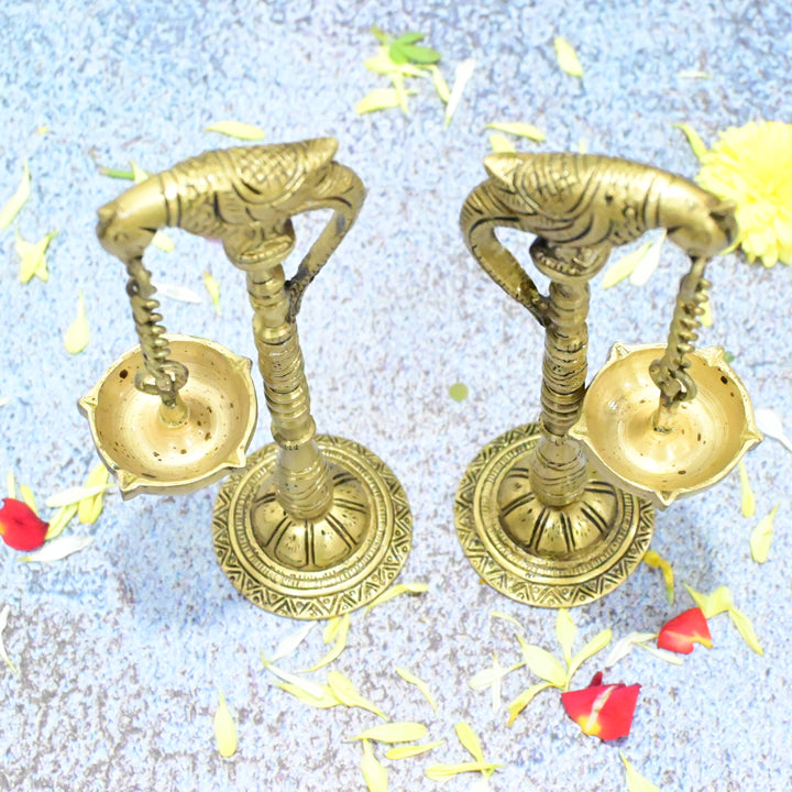 Parrot Diyas in Brass (7.5 Inch, 820 Grams) Hanging Diya Pair set for Home decor puja