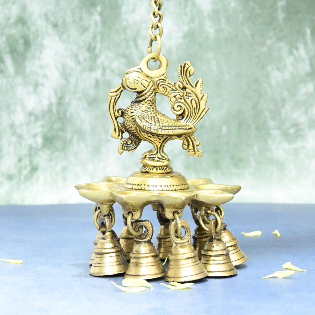 Peacock hanging diya brass (With 19 Inch Long Chain) Peacock diya with bell for puja home wall decor