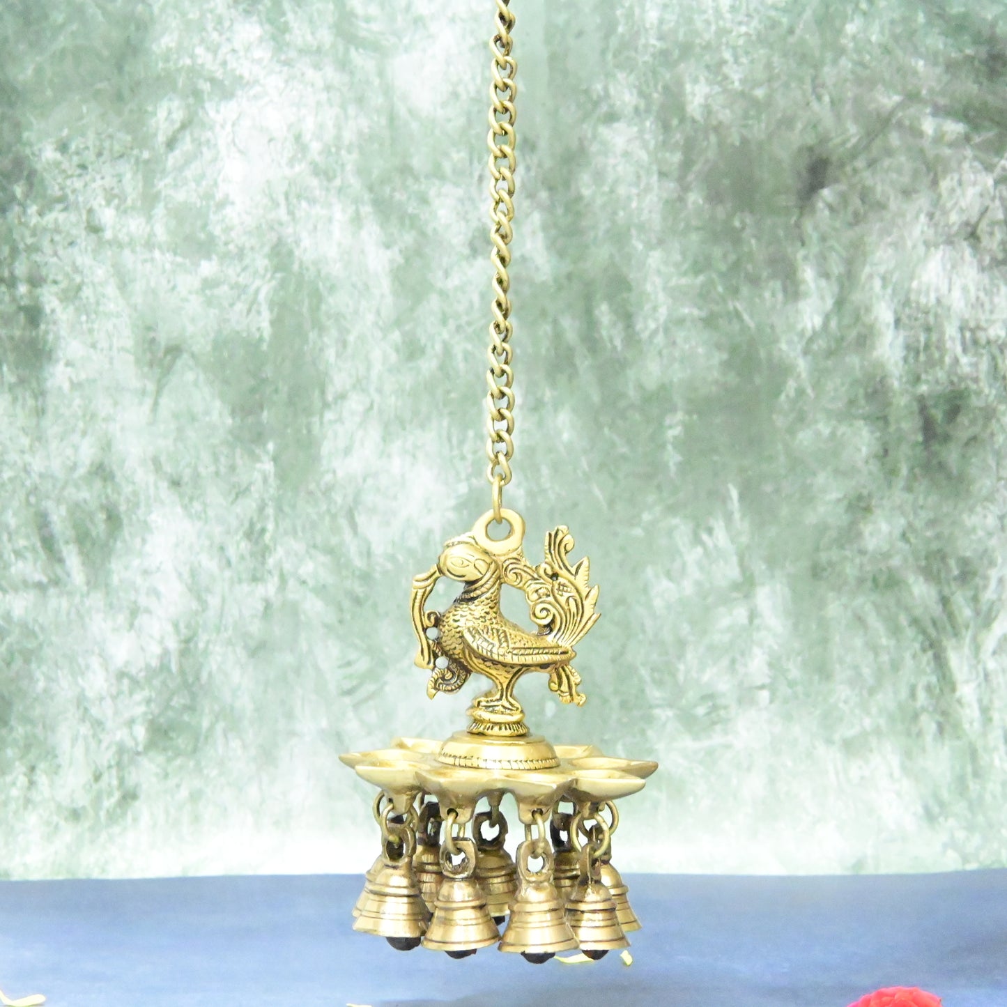 Peacock hanging diya brass (With 19 Inch Long Chain) Peacock diya with bell for puja home wall decor