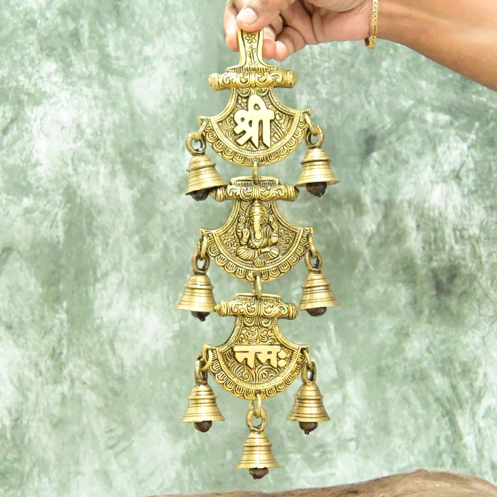 Brass Ganesh Om Shubh Labh Wall Hanging for Pooja Room Home Decoration (12 Inch) With Bells Ganpati Decor Puja Mandir Main Entrance Door Vastu Big Size Ganesha Design