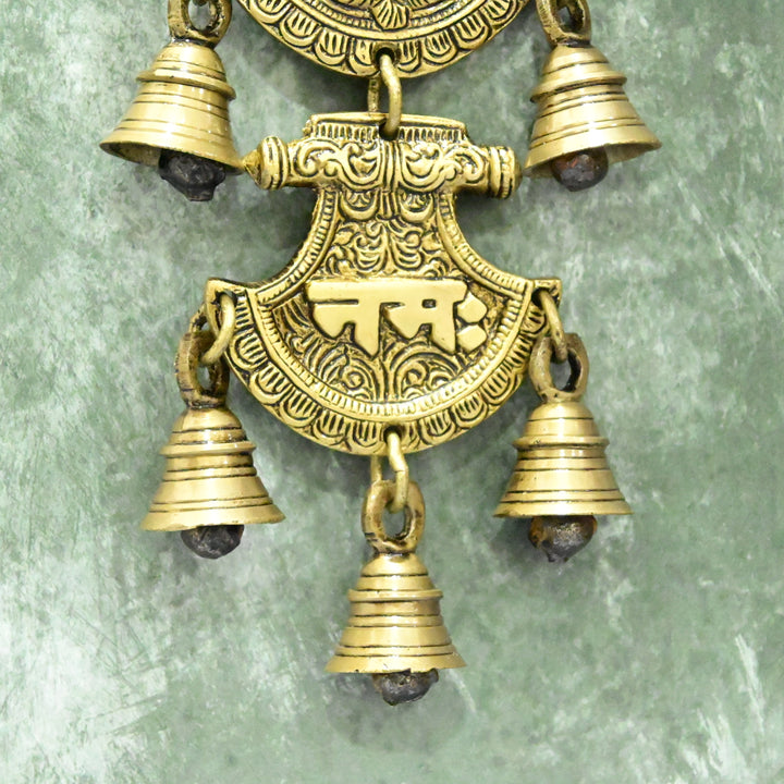 Brass Ganesh Om Shubh Labh Wall Hanging for Pooja Room Home Decoration (12 Inch) With Bells Ganpati Decor Puja Mandir Main Entrance Door Vastu Big Size Ganesha Design