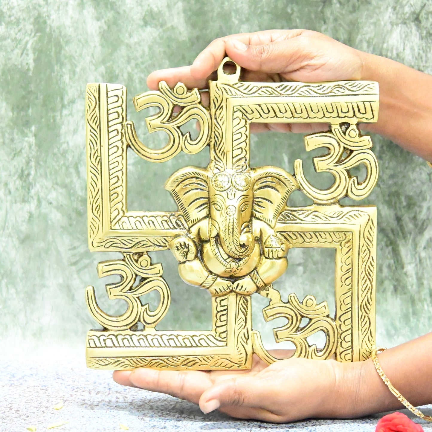 Brass Wall Hanging Ganpati for Pooja Room Home Decoration (7 Inch) OM Ganesh Decor Puja Mandir Main Entrance Door Big Size Vinayagar Ganesha