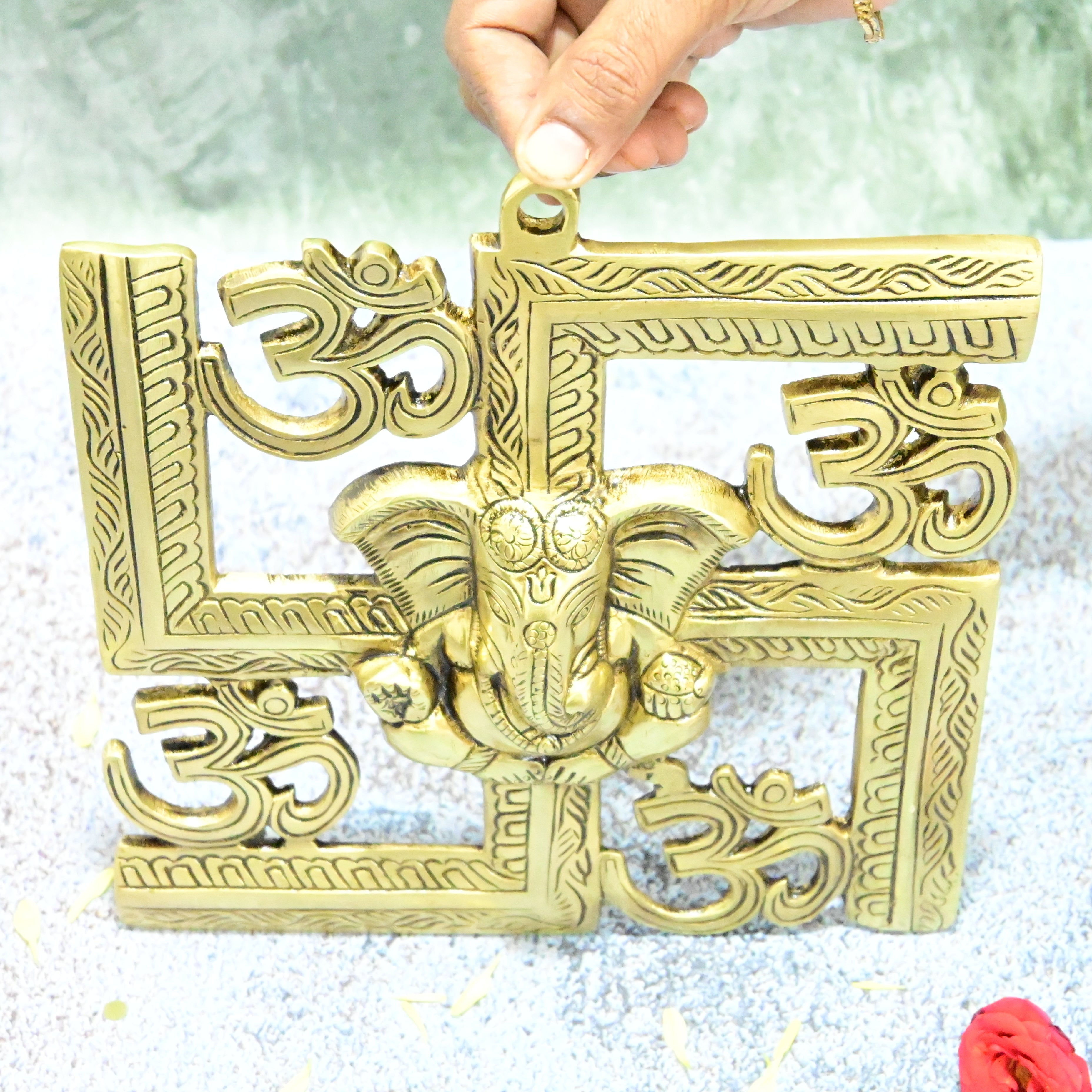 Heavy Brass Lord Ganesha and Om on Swastik hotsell Wall Hanging