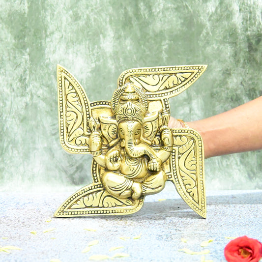 Brass Wall Hanging Ganesha for Pooja Room Home Decoration (7 Inch) Swastik Ganesh Decor Puja Mandir Main Entrance Door Big Size Vinayagar Ganpati