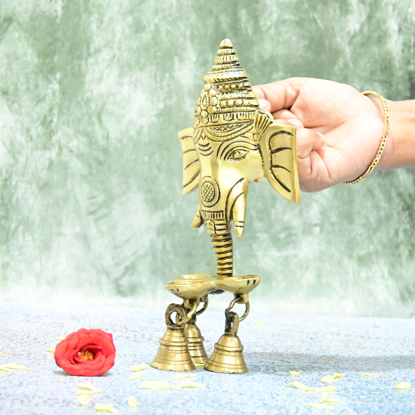 Brass Ganesh Diya wall hanging with bells (9 Inch, 550 Grams) Ganesh wall hanging diya for Home decor puja