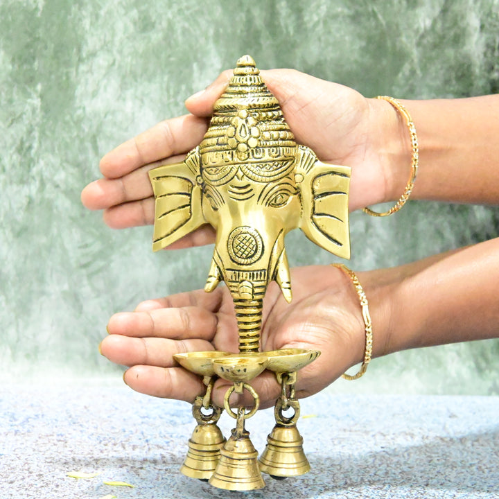 Brass Ganesh Diya wall hanging with bells (9 Inch, 550 Grams) Ganesh wall hanging diya for Home decor puja