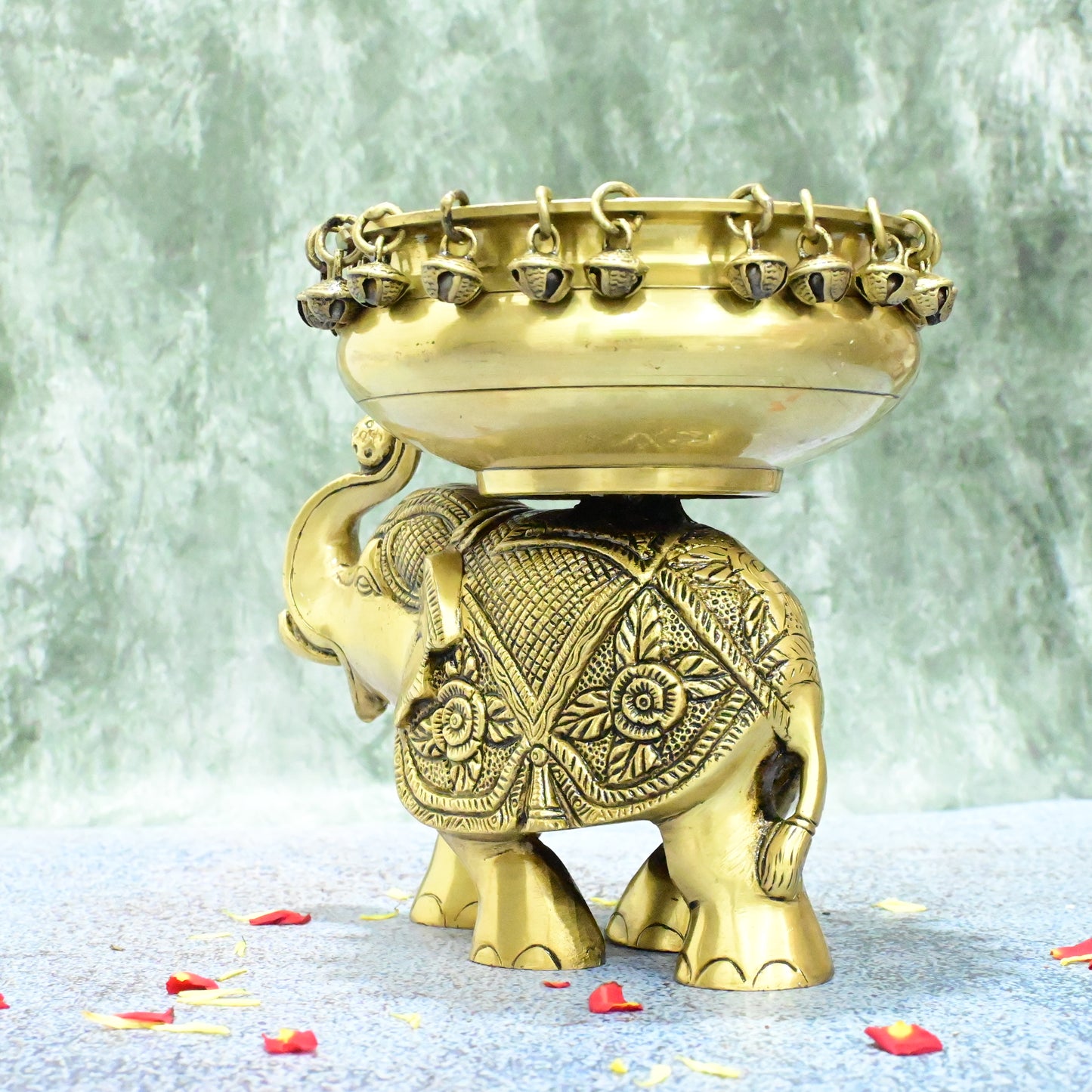 Brass Elephant Urli Bowl for Home Decor Big Size (Dia 6 Inch) Urli Stand House Entrance Living Room Floating Flowers Garden Decorative Showpiece Pot