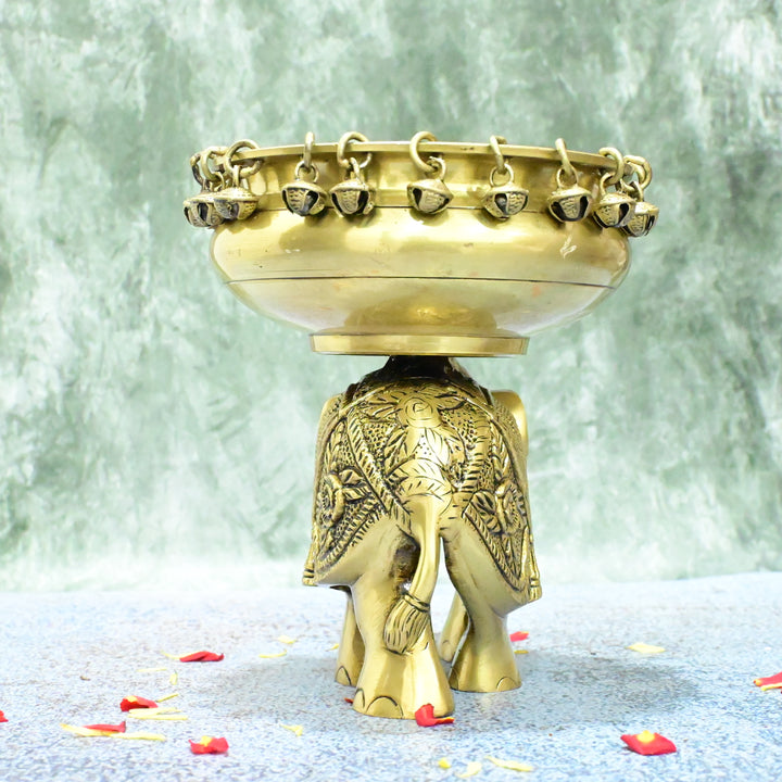 Brass Elephant Urli Bowl for Home Decor Big Size (Dia 6 Inch) Urli Stand House Entrance Living Room Floating Flowers Garden Decorative Showpiece Pot