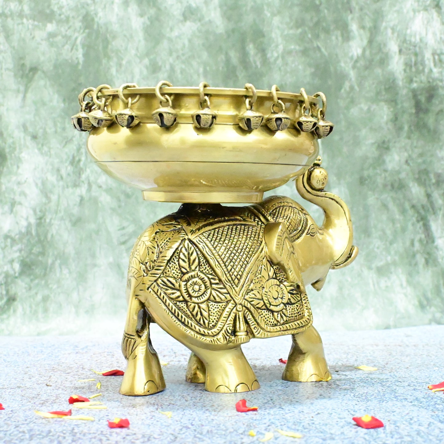 Brass Elephant Urli Bowl for Home Decor Big Size (Dia 6 Inch) Urli Stand House Entrance Living Room Floating Flowers Garden Decorative Showpiece Pot