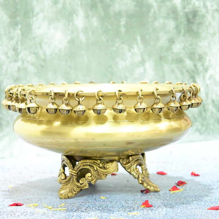 Brass Urli Bowl with Bells for Home Decor Big Size (4.5 Kg) Urli with Stand for Entrance