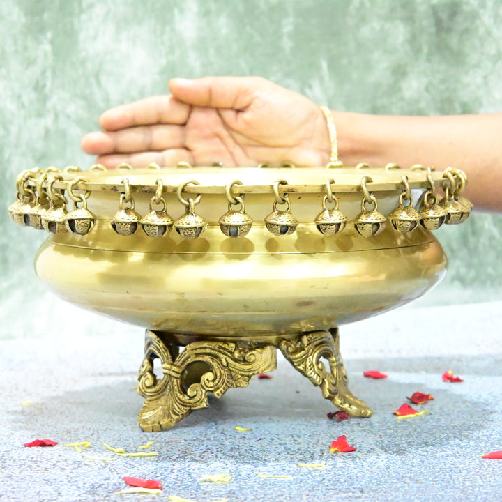 Brass Urli Bowl with Bells for Home Decor Big Size (4.5 Kg) Urli with Stand for Entrance