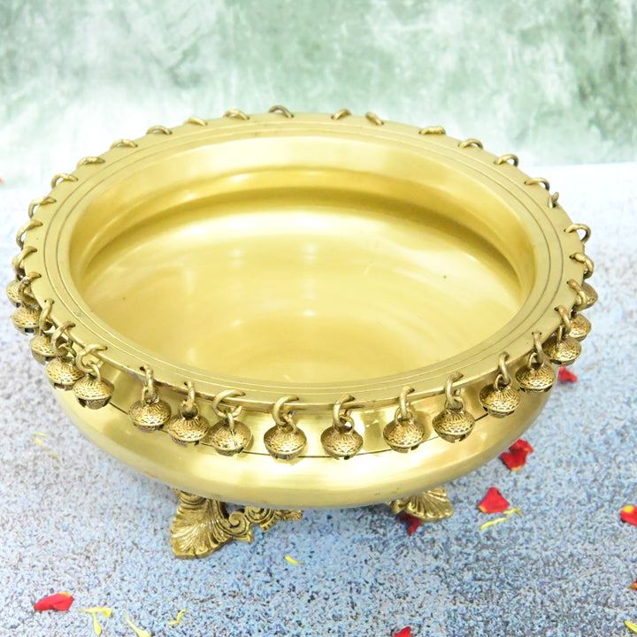 Brass Urli Bowl with Bells for Home Decor Big Size (4.5 Kg) Urli with Stand for Entrance