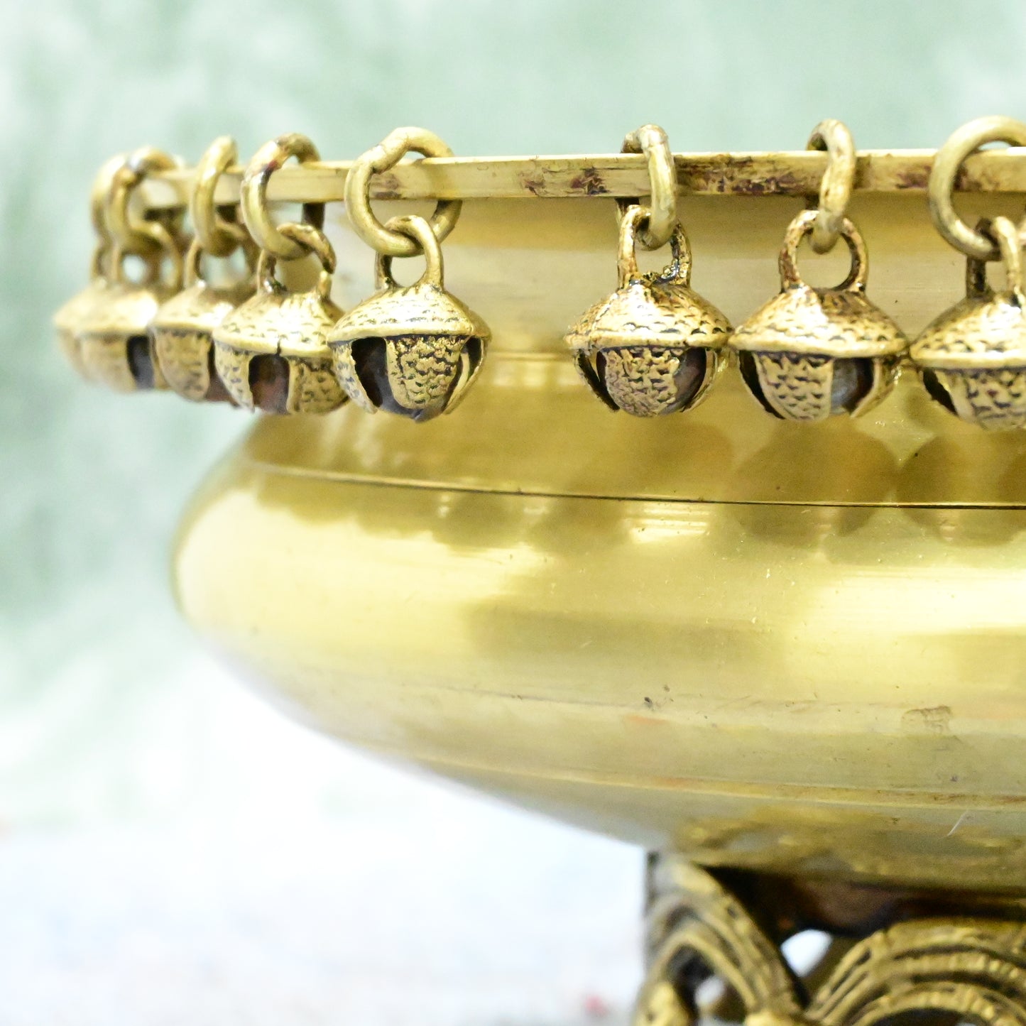 Brass Urli Bowl with Bells for Home Decor Big Size (4.5 Kg) Urli with Stand for Entrance