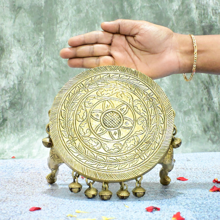 Chowki for puja brass mid size (4 Inch, 1.4 Kg) Brass chowki for idols pooja home decor