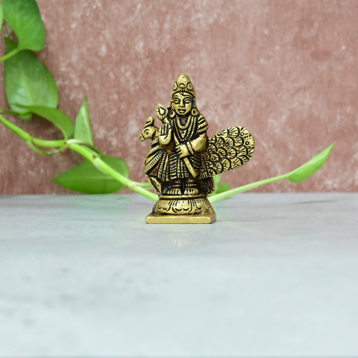 Brass Murugan Statue small size (3 Inch) Lord Kartikeya Murti for Home Puja room Pooja Mandir