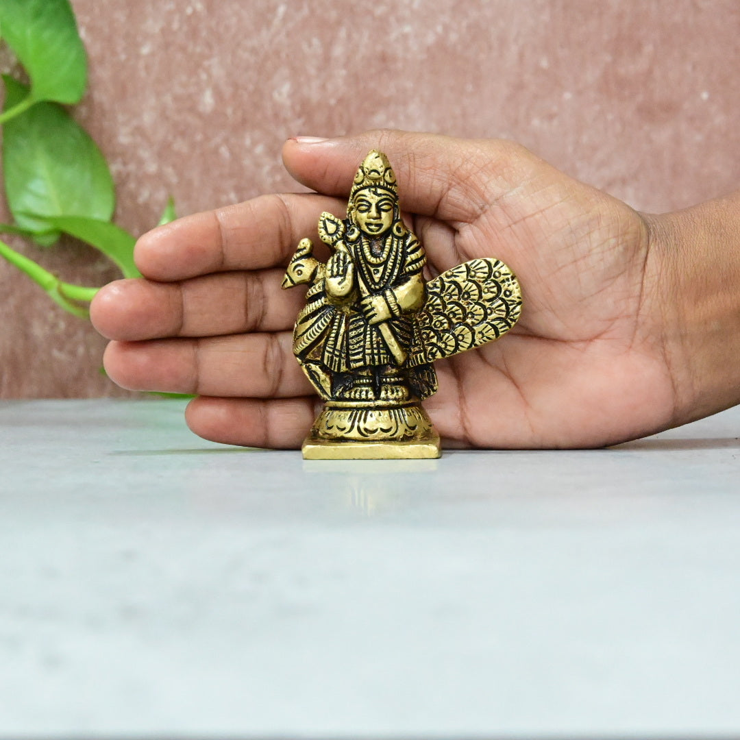 Brass Murugan Statue small size (3 Inch) Lord Kartikeya Murti for Home Puja room Pooja Mandir