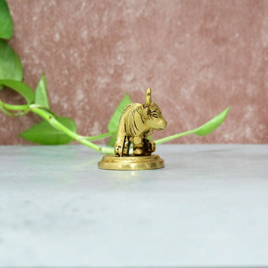 Brass Cow Calf Statue small size (2 Inch) Kamadhenu cow with calf idol small size murti for pooja mandir home decor