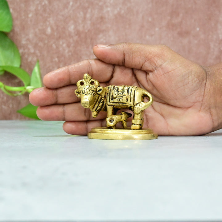 Brass Cow Calf Statue small size (2 Inch) Kamadhenu cow with calf idol small size murti for pooja mandir home decor