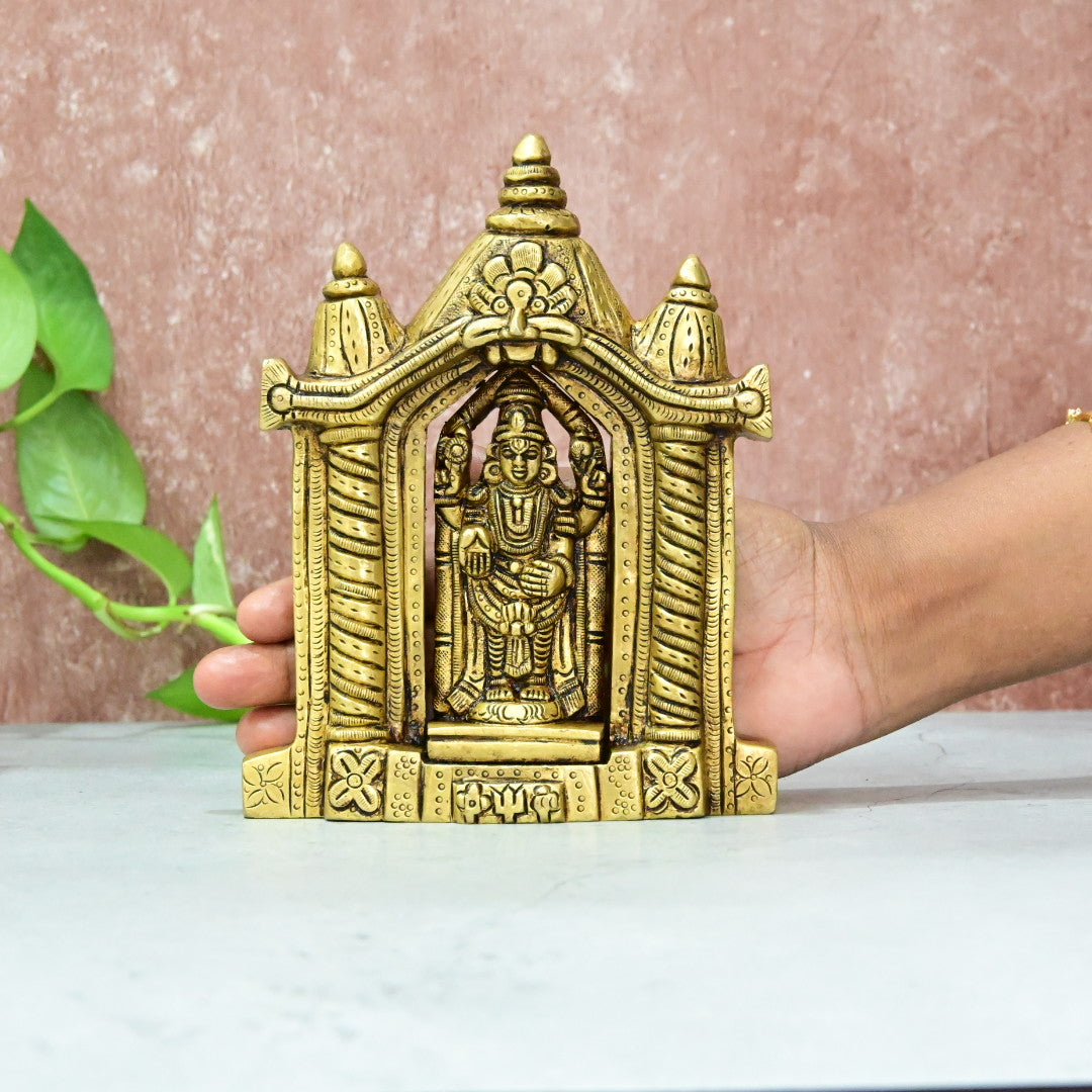 Brass Balaji Idol standing with Tirupati Temple small size (6.5 Inch) Home Decor Office Table Shop Puja Pooja