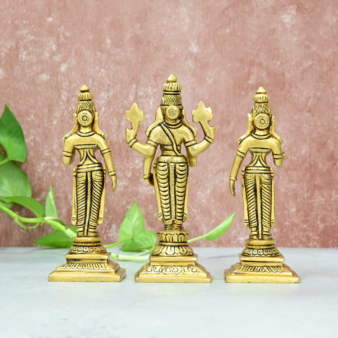 Lord Tirupati Balaji Bhudevi Sridevi Set Small Size (6 Inch) Lord Venkateswara Swamy Family Statue Home Decor Puja