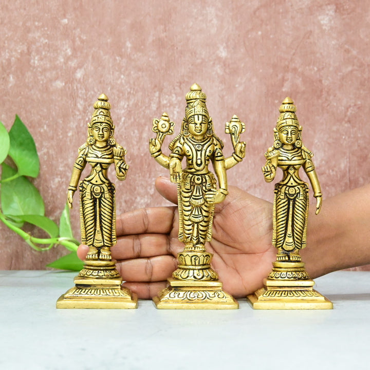 Lord Tirupati Balaji Bhudevi Sridevi Set Small Size (6 Inch) Lord Venkateswara Swamy Family Statue Home Decor Puja