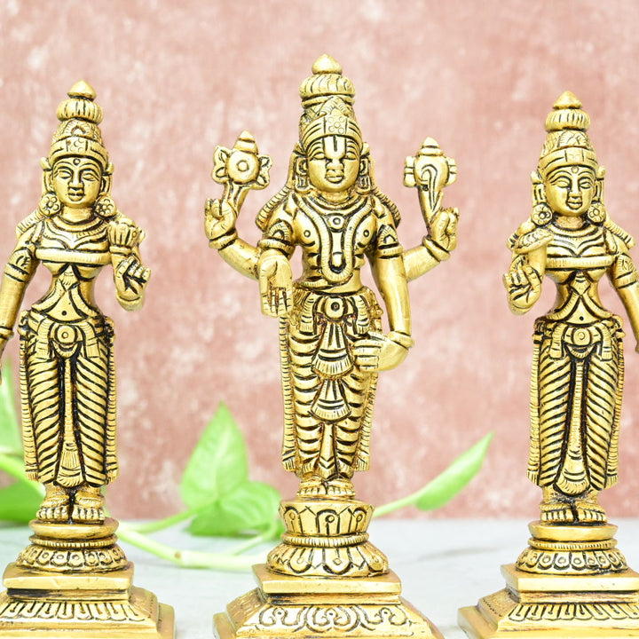 Lord Tirupati Balaji Bhudevi Sridevi Set Small Size (6 Inch) Lord Venkateswara Swamy Family Statue Home Decor Puja