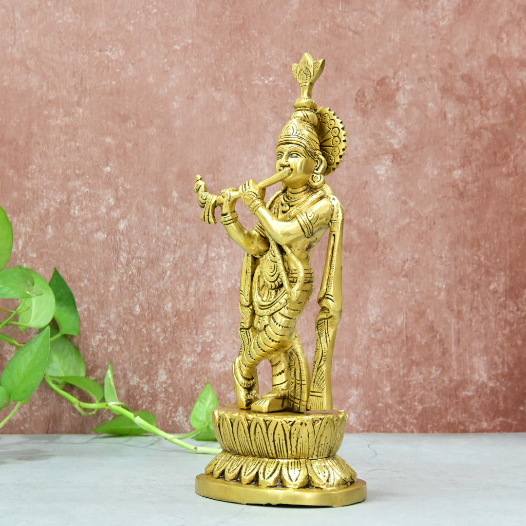 Brass Krishna Idol Murti Big size (11 Inch) Lord Shri Krishnan Statue with Flute standing for Home Decor Showpiece Hall Gifting