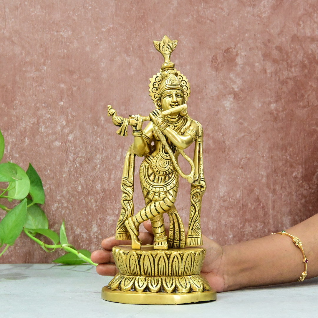 Brass Krishna Idol Murti Big size (11 Inch) Lord Shri Krishnan Statue with Flute standing for Home Decor Showpiece Hall Gifting